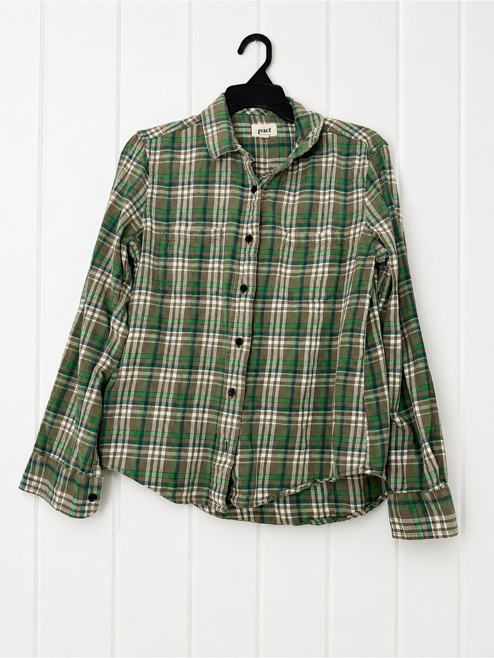 Pact Green and White Plaid Button-Down Shirt